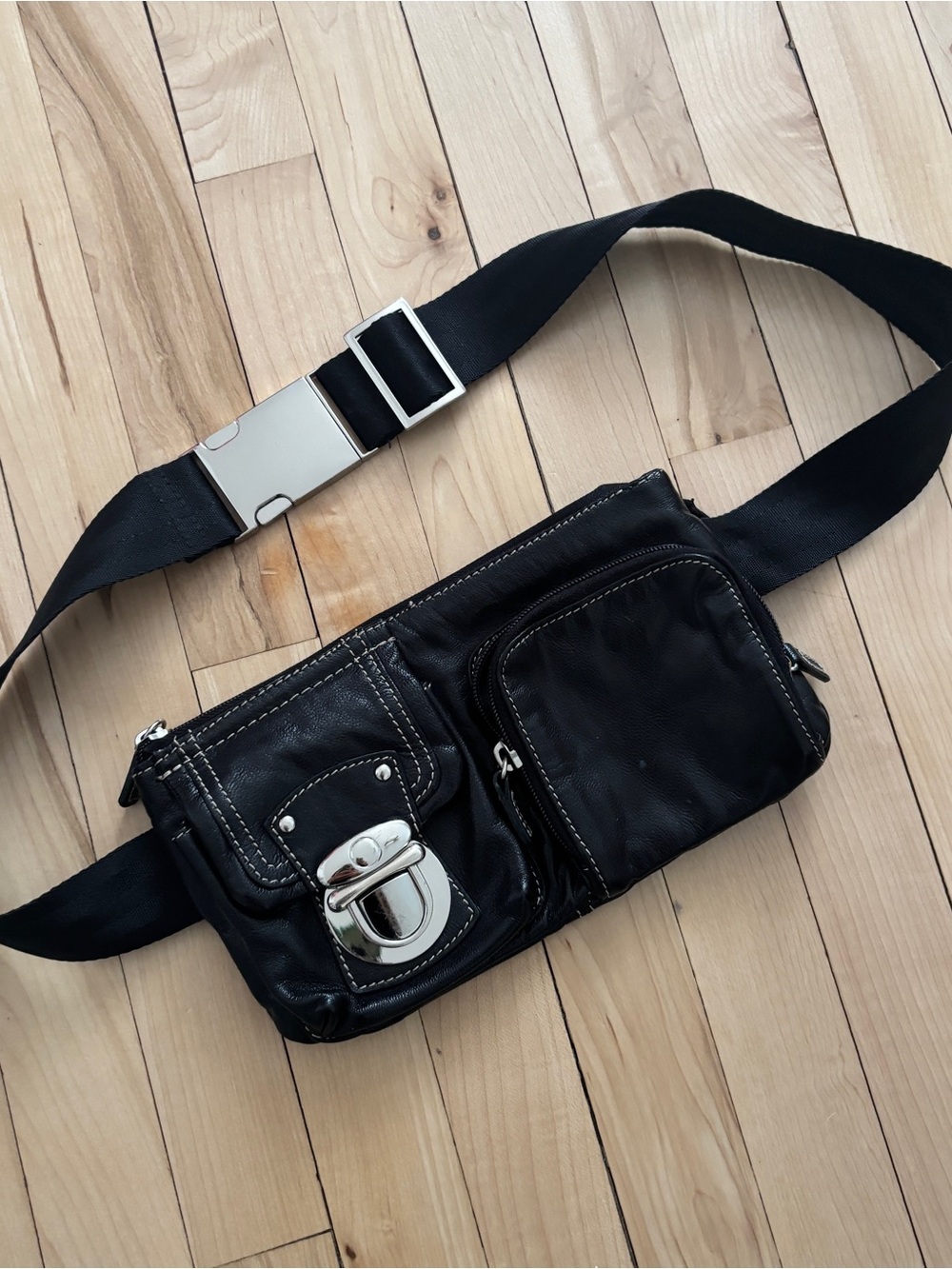 90s Danier Black Leather Belt Bag with Chrome Hardware